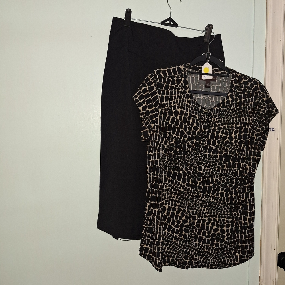 Black and Beige Patterned Blouse with Black Skirt